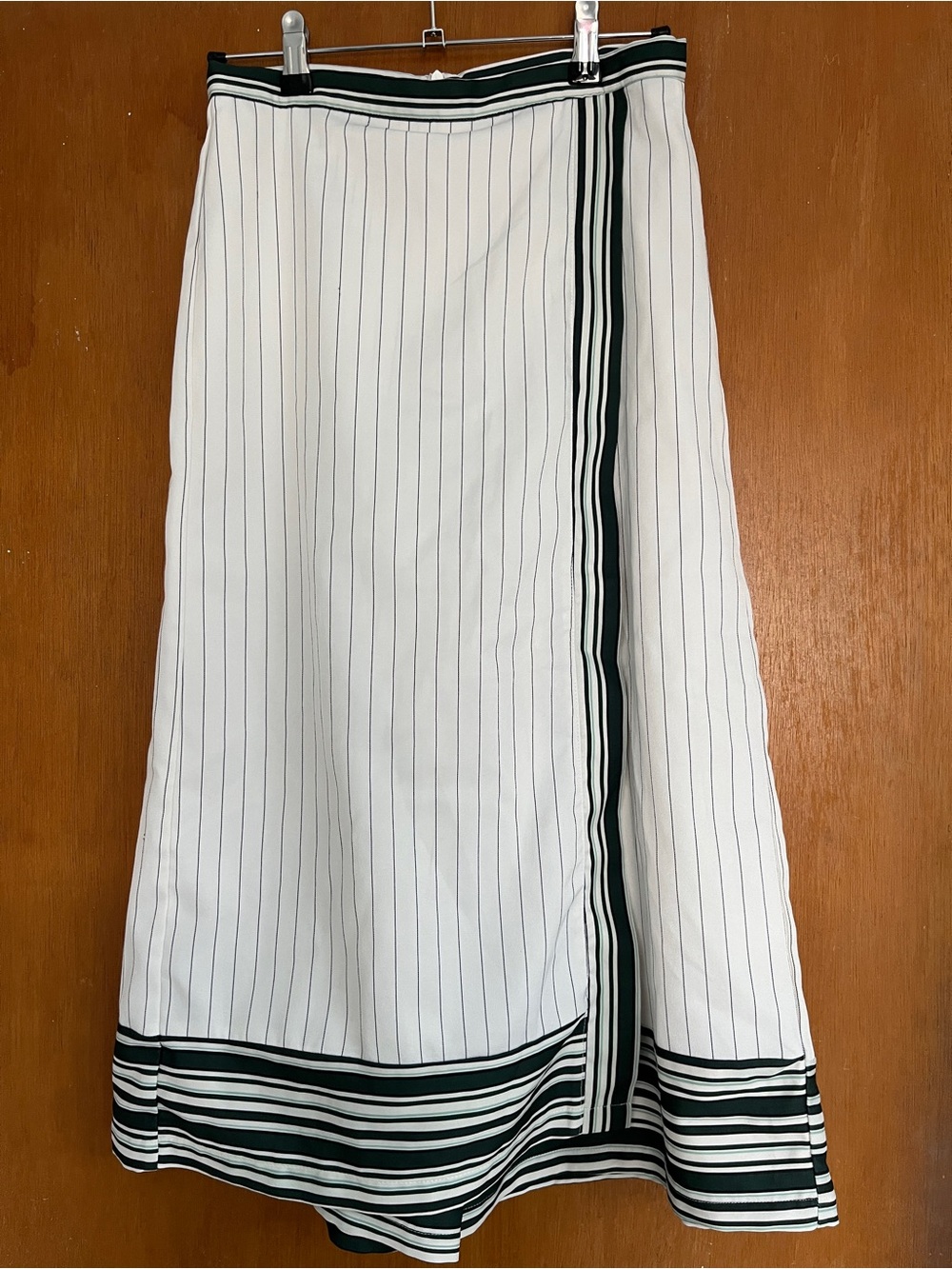 High-Rise Wide-Leg White Pinstripe Wrap Front Trousers with Striped Green Trim